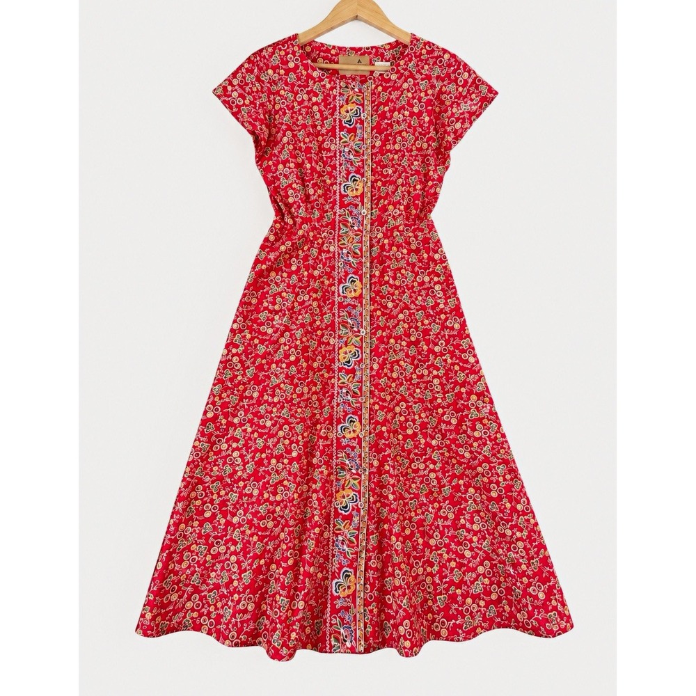 Vintage 80s Liz Claiborne Red Floral Boho Midi Dress Cotton Size 6 Cottagecore